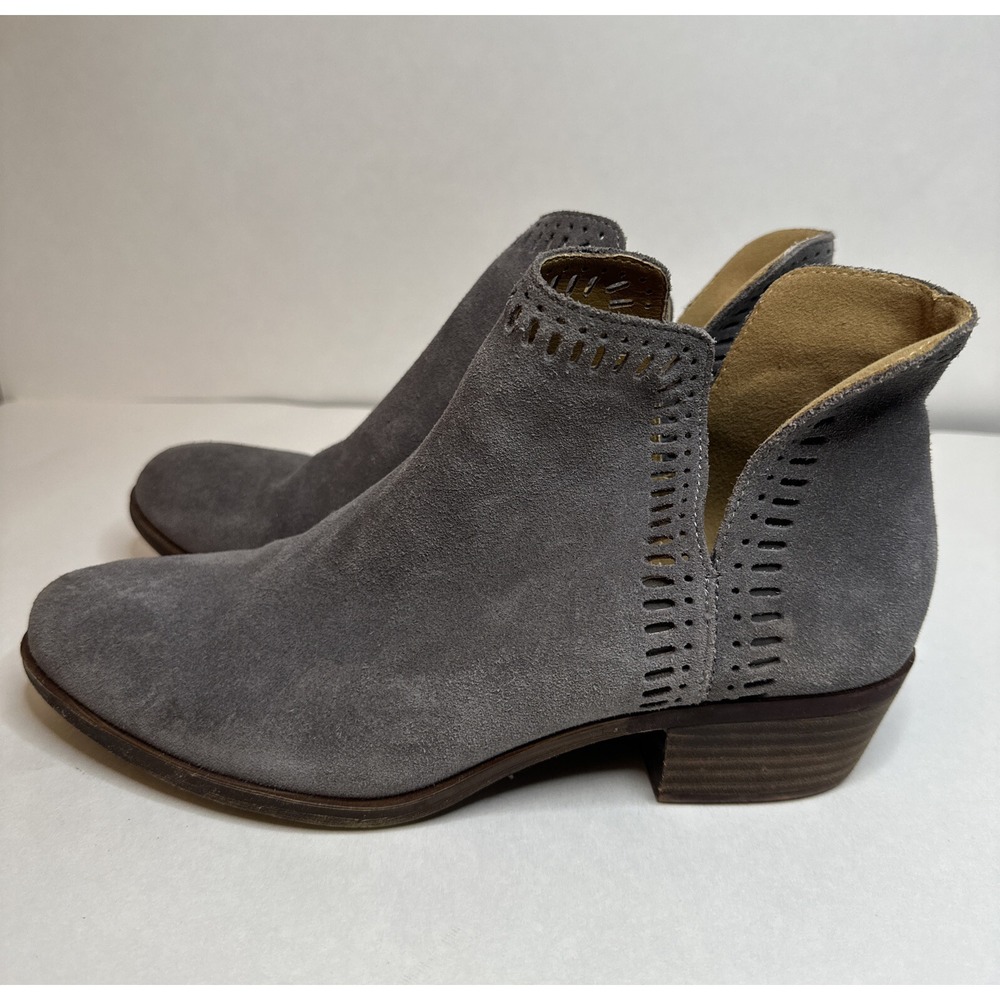 Lucky Brand Bustina Gray Suede Leather Laser Cut Out Block Heel Booties 9M 40